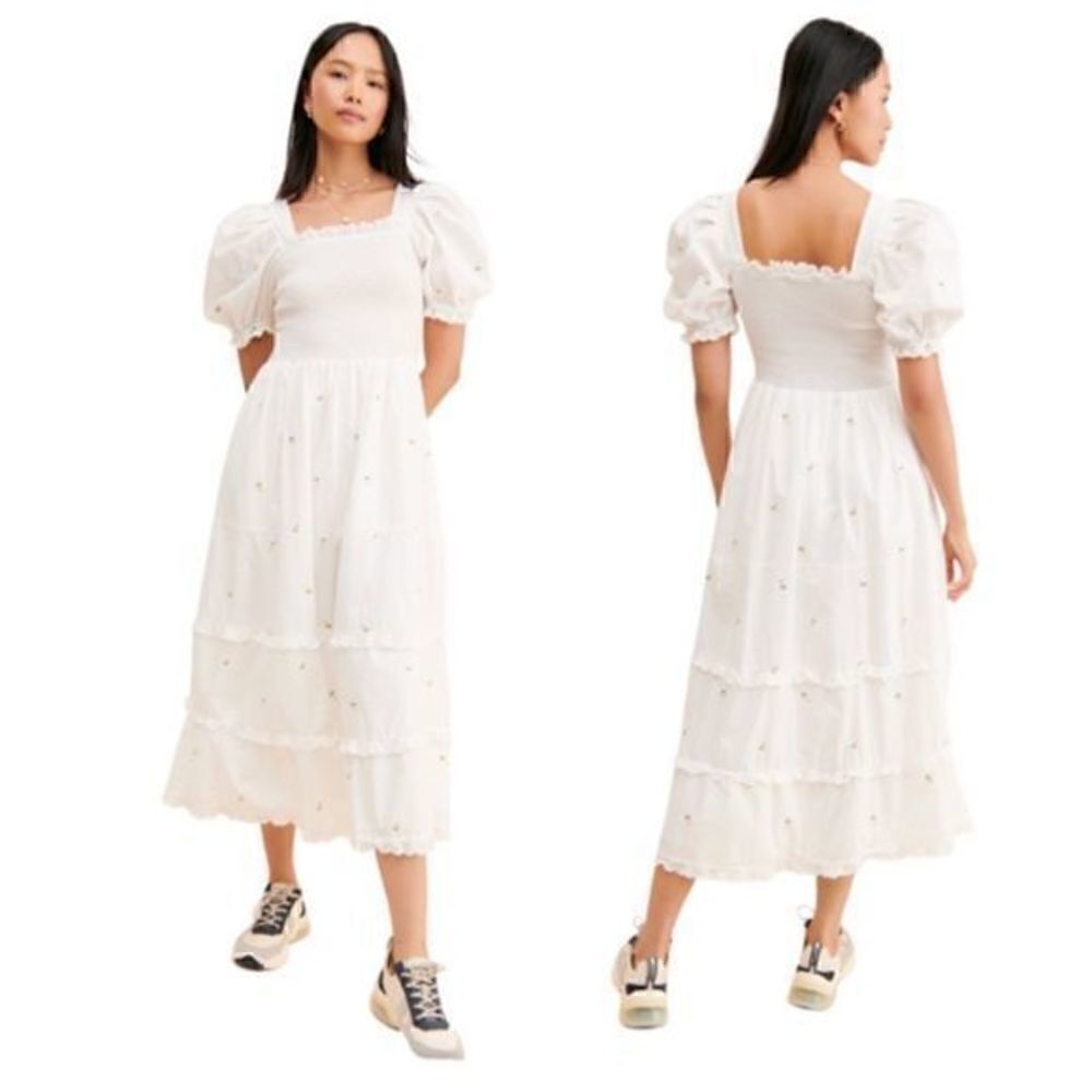 New Sister Jane Coastland Petal Midi Dress Puff Sleeve Tiered Ruffle S White - Picture 12 of 12